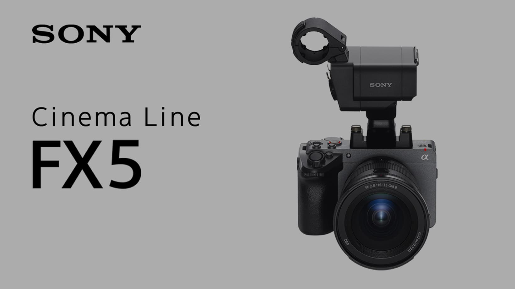Sony Cinema Line FX5 med søker og vidvinkelobjektiv sett forfra.